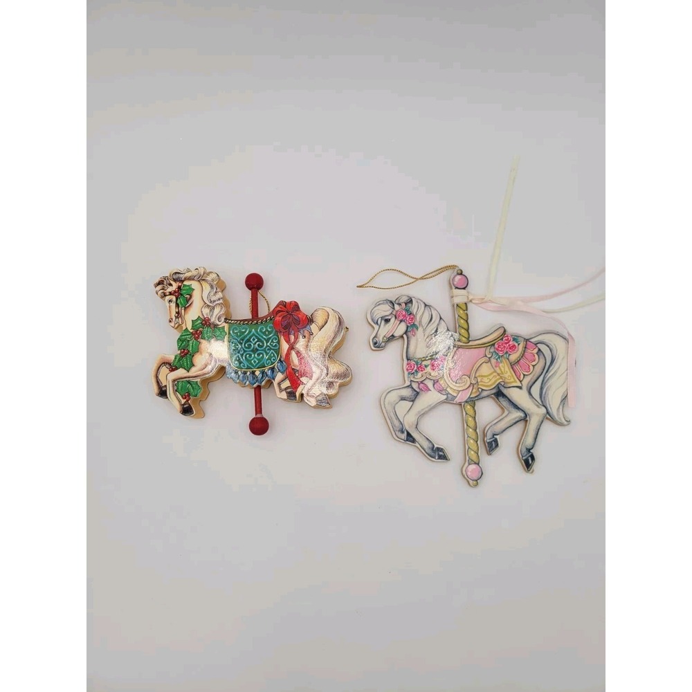 Vintage Balsa Wood and Paper Carousel Rocking Horse Ornaments Set Of 2‎